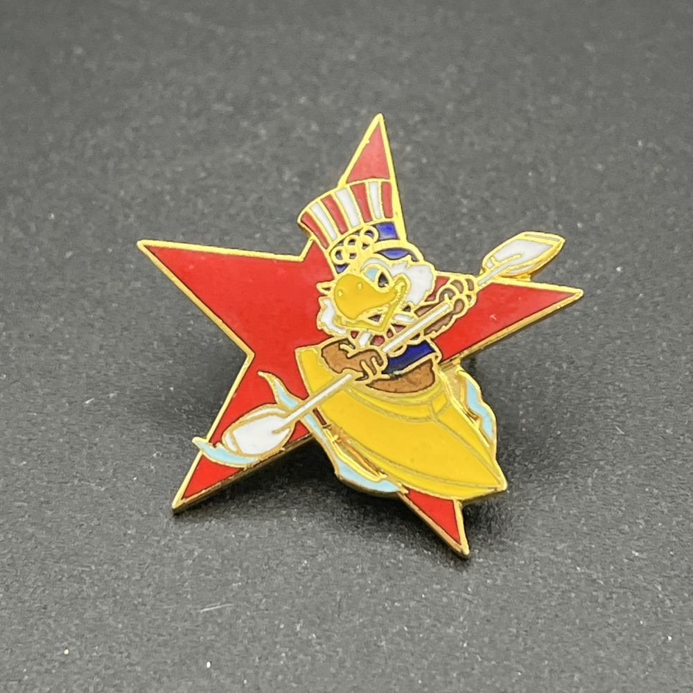 1984 Los Angeles Olympics Sam The Eagle Kayaking Event Star Lapel Hat Pin